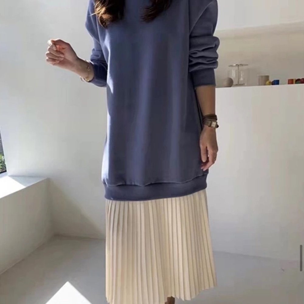 blue/violet dress with attached pleated skirt
